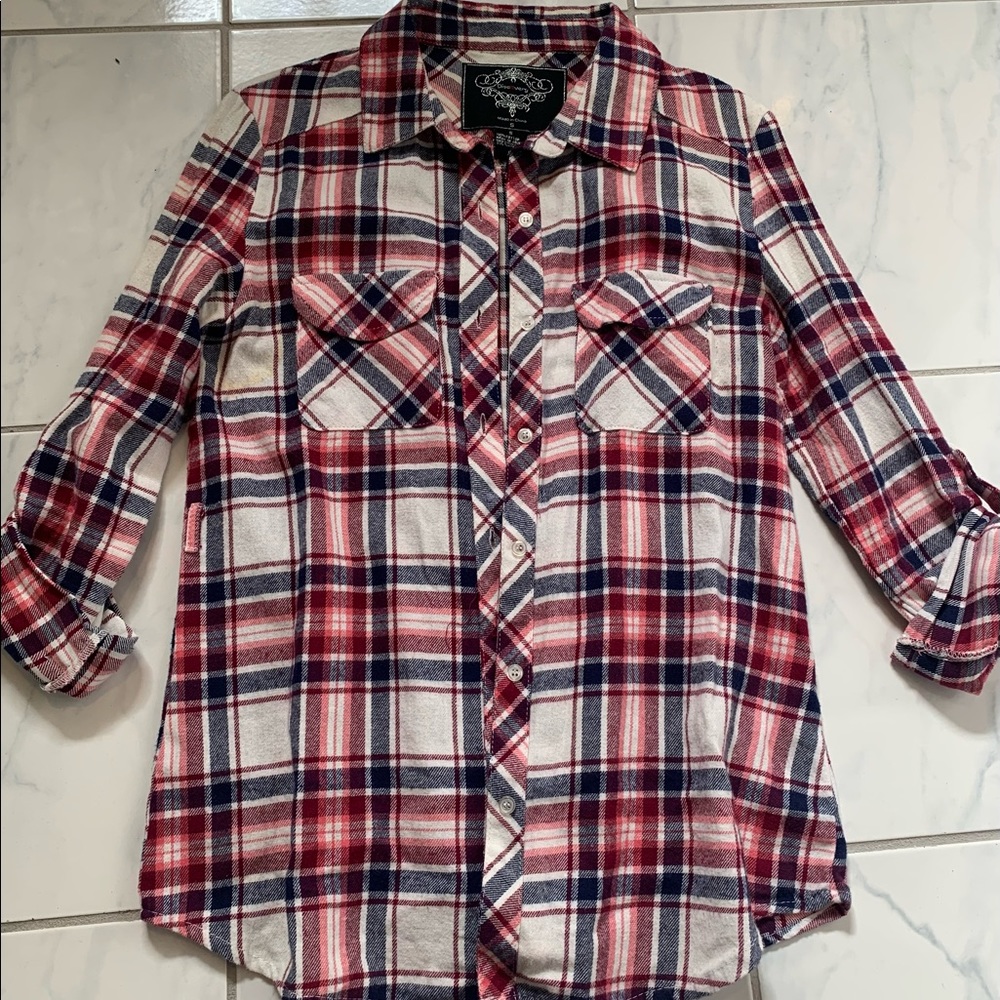 Plaid flannel button-down shirt.
